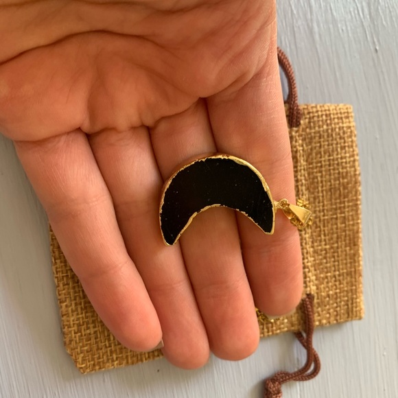 Brand New Black Tourmaline Moon Pendant with Gold plated Stainless Steel Chain - Picture 2 of 4